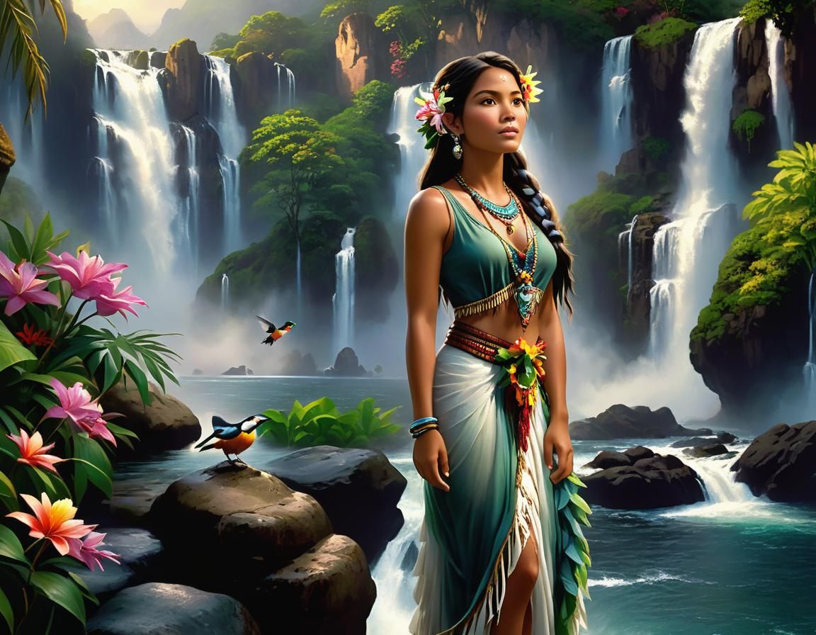 Native Woman at Waterfalls in Hyper-Realistic Style
