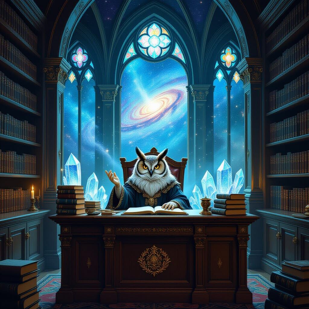 Owl Librarian in Ethereal Library, Digital Painting