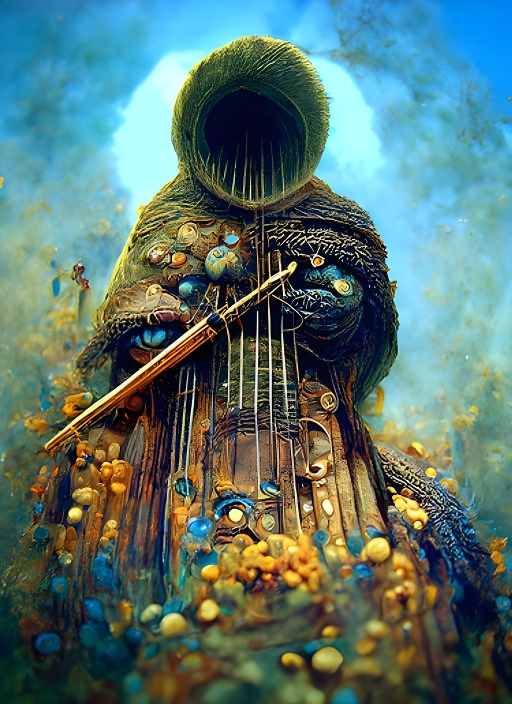 Beksinski-Inspired Magic Flute Player in Ektar Film Style