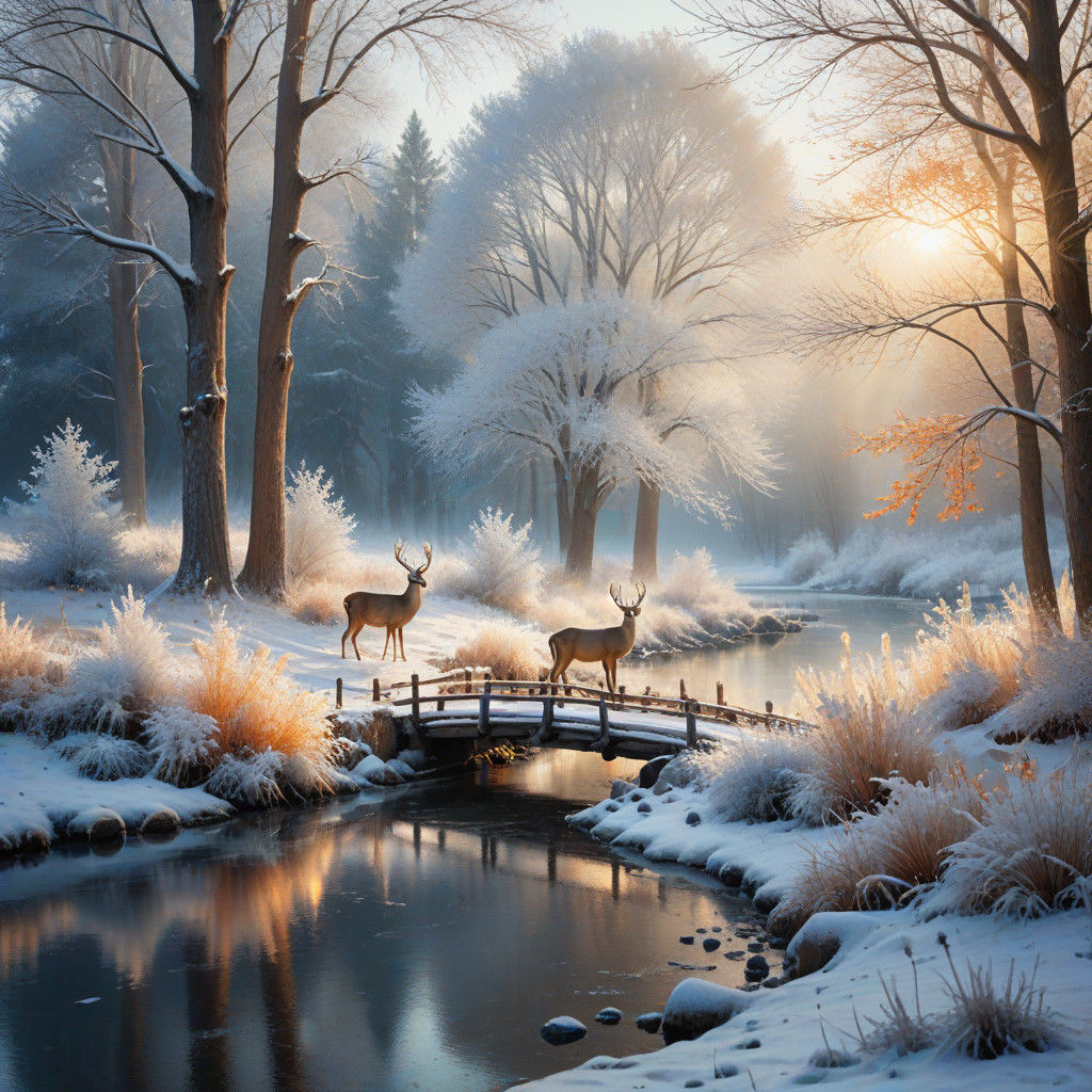 Whimsical Snowy Meadow Serenity in Watercolor Style