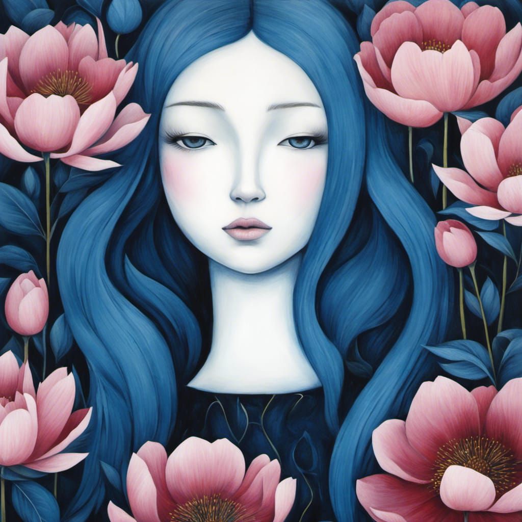 Blue Girl and Peonies in Art Brut Style