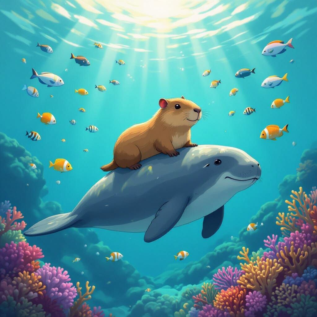 Cute Capybara Rides Manatee in Vibrant Coral Reef