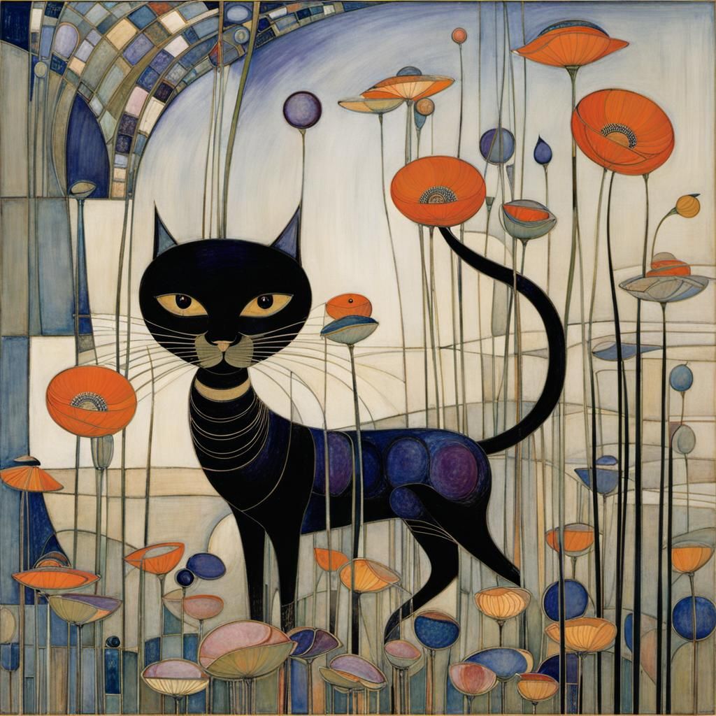 Black Cat Painting in Glasgow Style