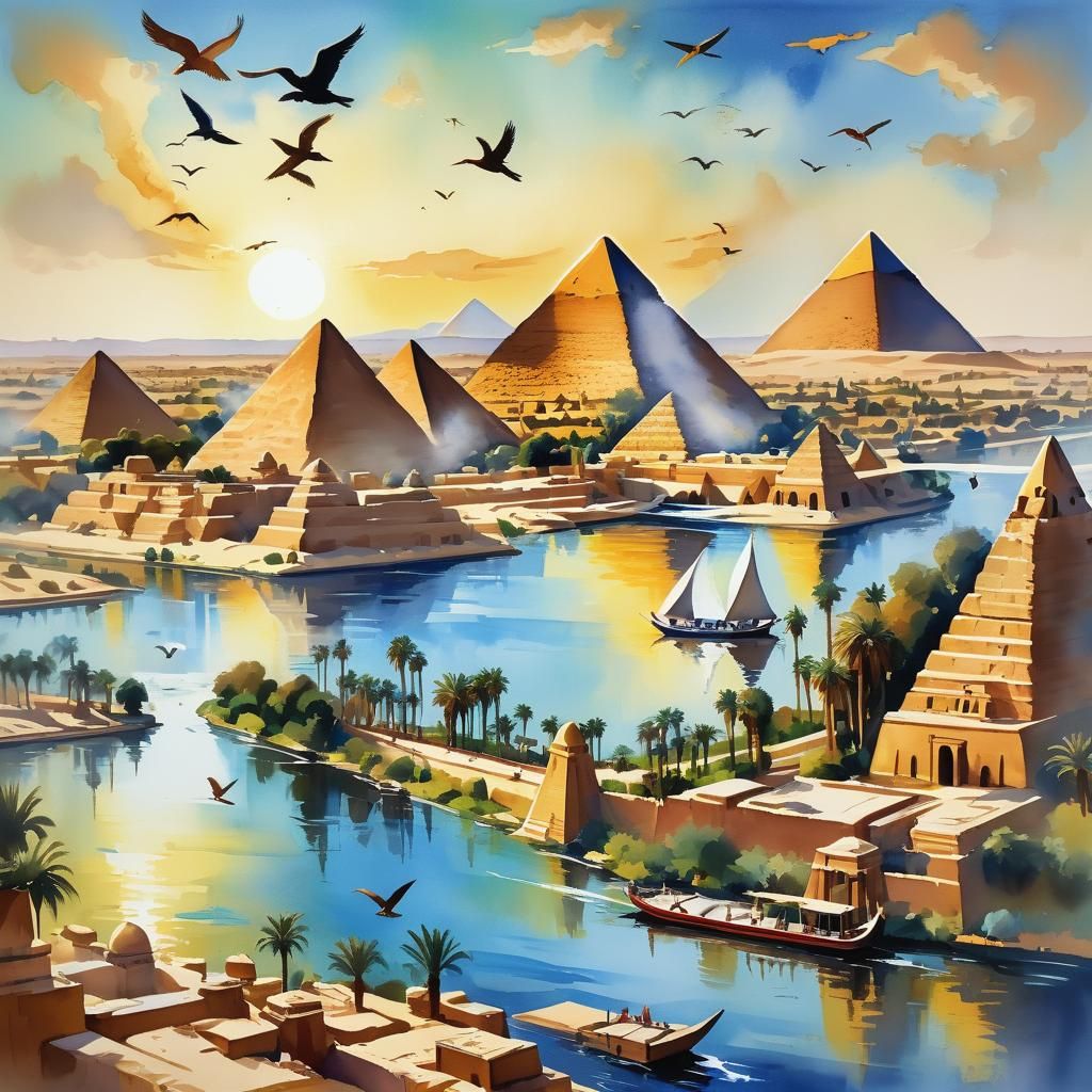 Nile River Gouache Painting with Pyramids and Mosques