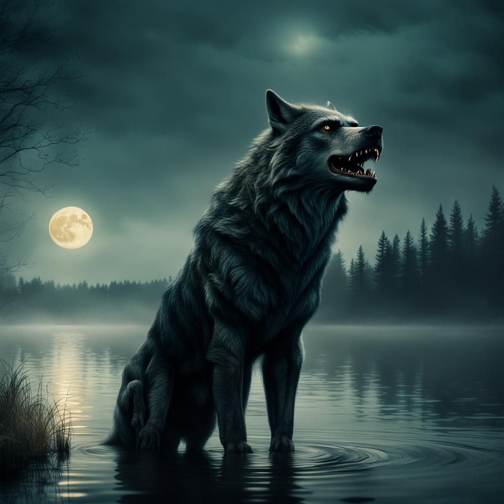 Hyperrealistic Werewolf at Misty Lake, Cinematic Still