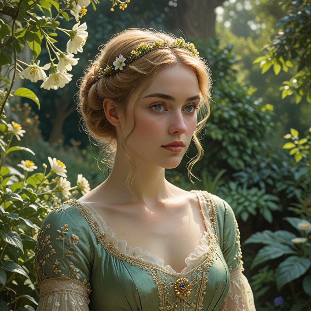 Regency Elegance: A Beautiful Young Woman in a Vibrant Garde...