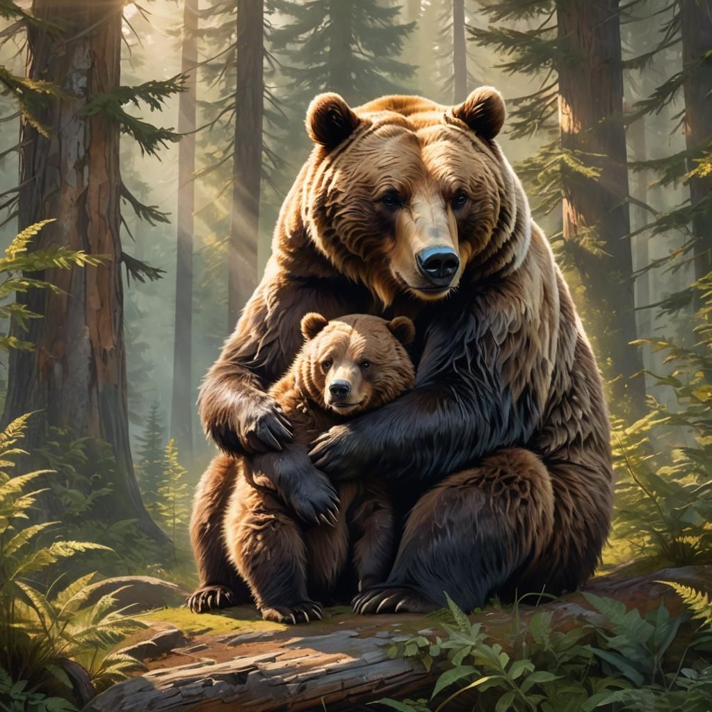 Grizzly Mother's Loving Embrace: Realistic Digital Art