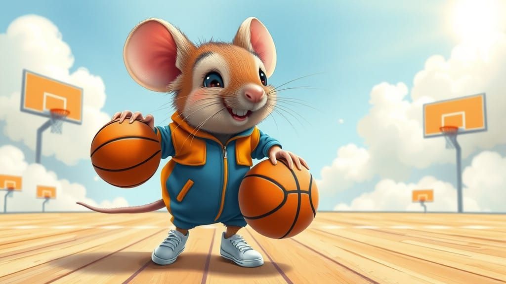 Rotund Mouse Dribbles Tiny Basketball in Whimsical Wonderlan...