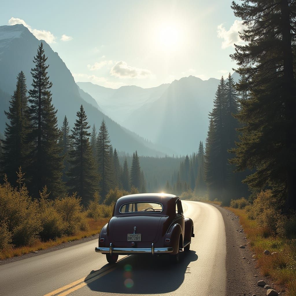 Glacier park Montana going to the sun road an old car drivin...