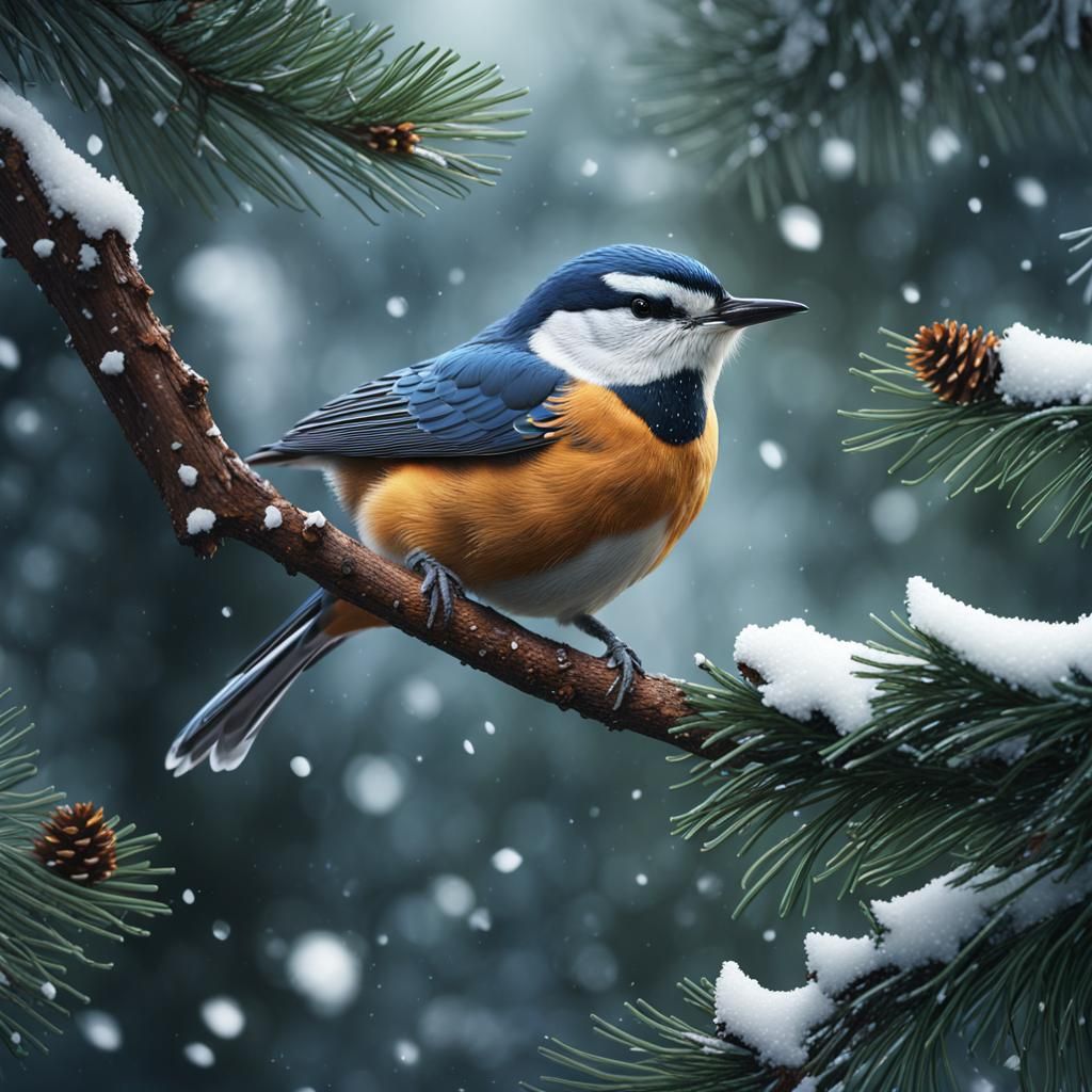 Nuthatch Bird in Snowy Pine, Detailed Matte Painting