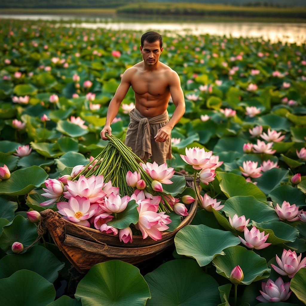 Man with Lotus Flowers on Boat