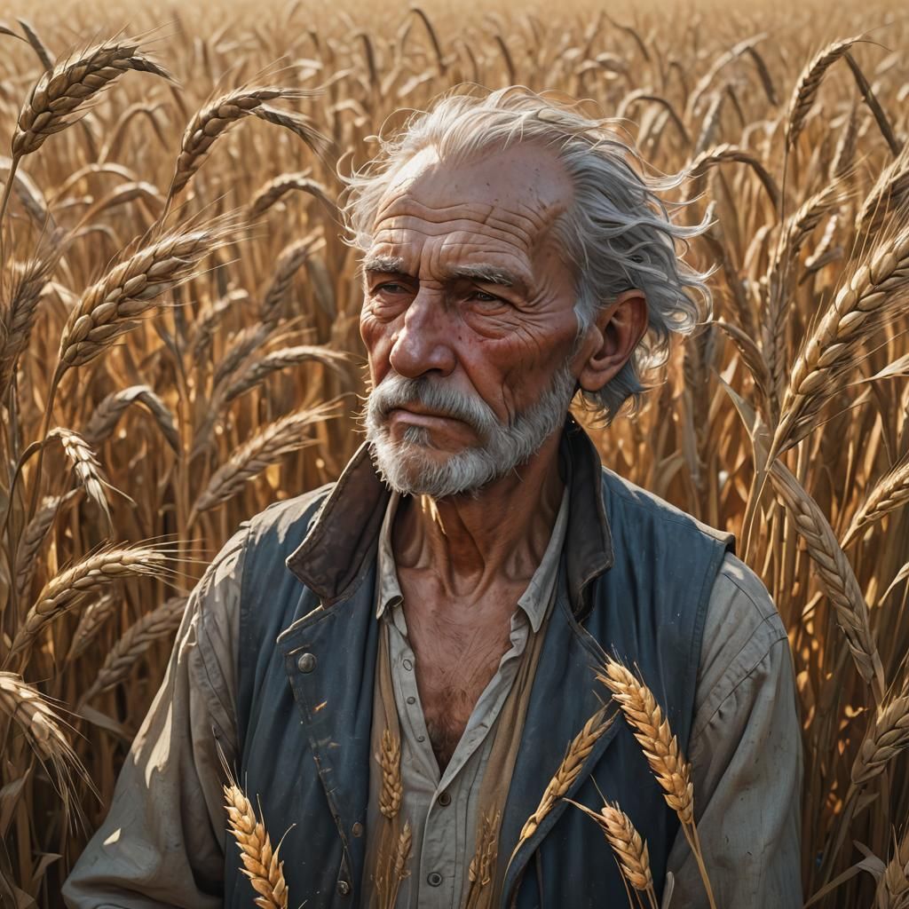 Detailed Portrait of Old Man in Wheat Field