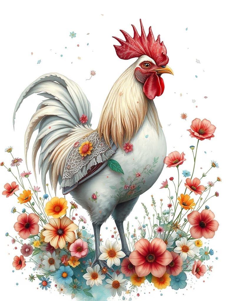 Whimsical Shabby Chic Rooster in Vibrant Wildflowers