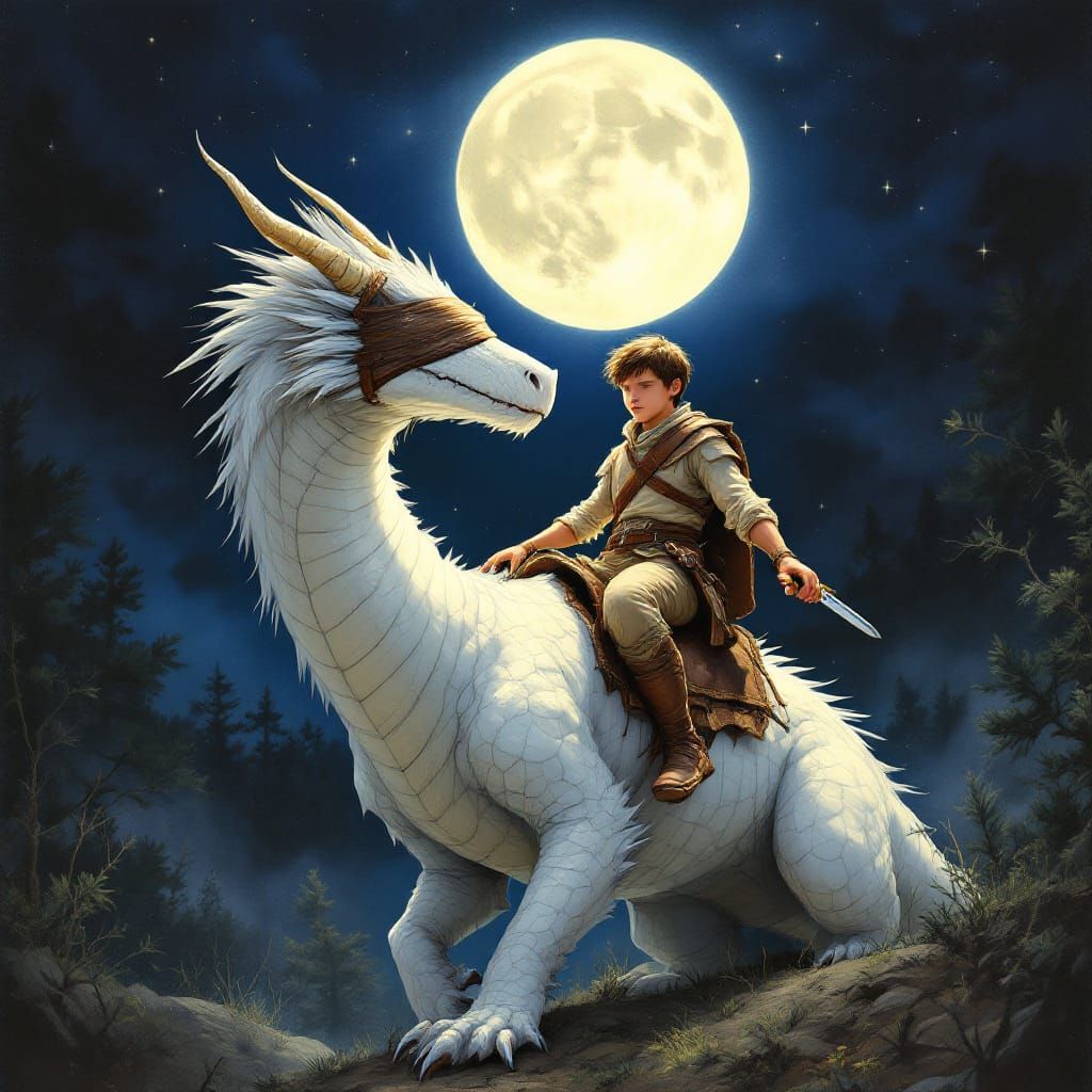 Moon Dragon with Rider in Ethereal Forest