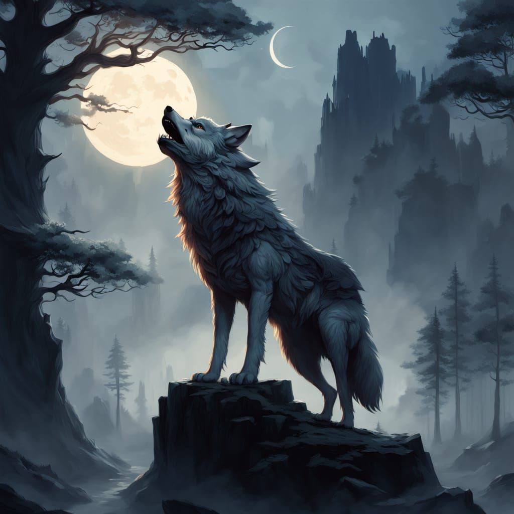 Majestic Wolf in Misty Forest - Dark Fantasy Art