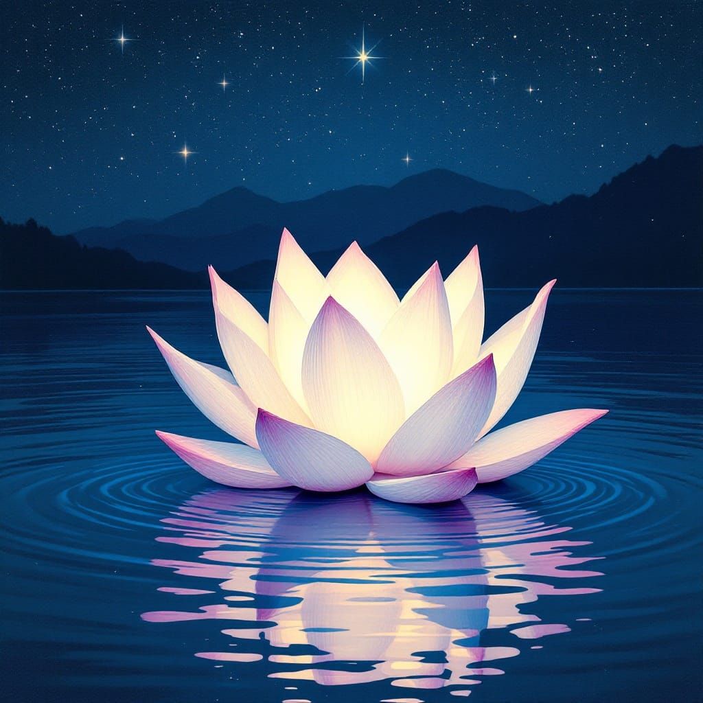 Glowing Lotus Flower Under Starry Sky