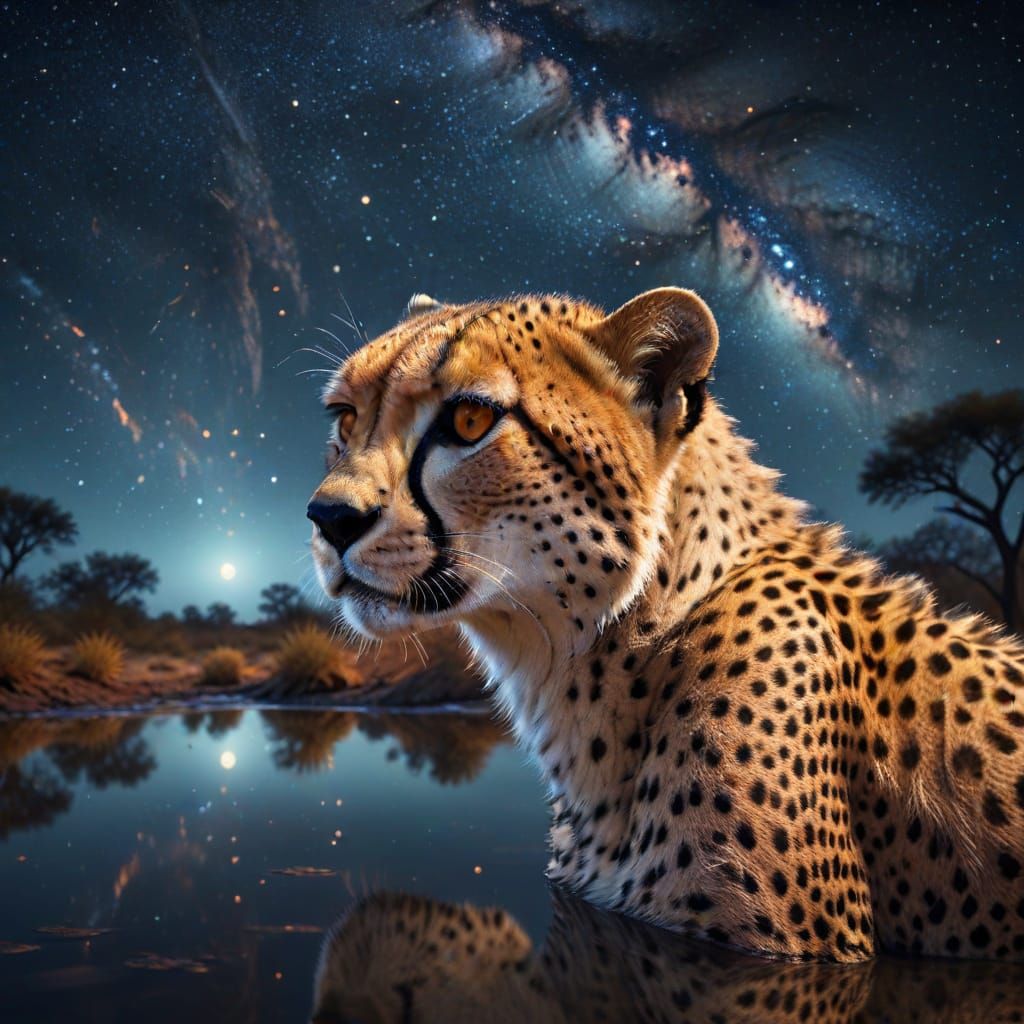 Cheetah's Reflection Under Starry Sky
