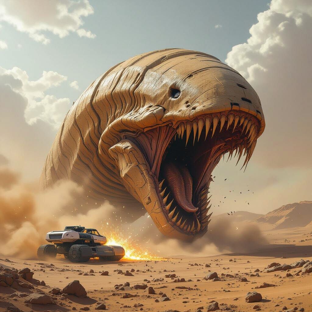 Colossal Sandworm Devours Harvester in Gritty Concept Art St...