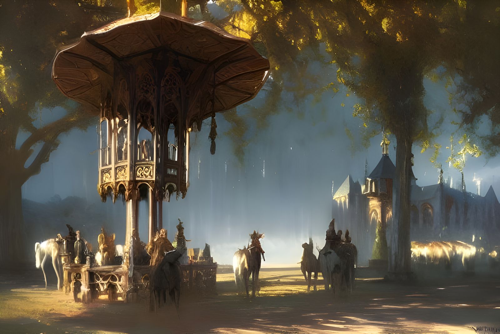 Gothic Fantasy Landscape: Merry-Go-Round Oil Painting