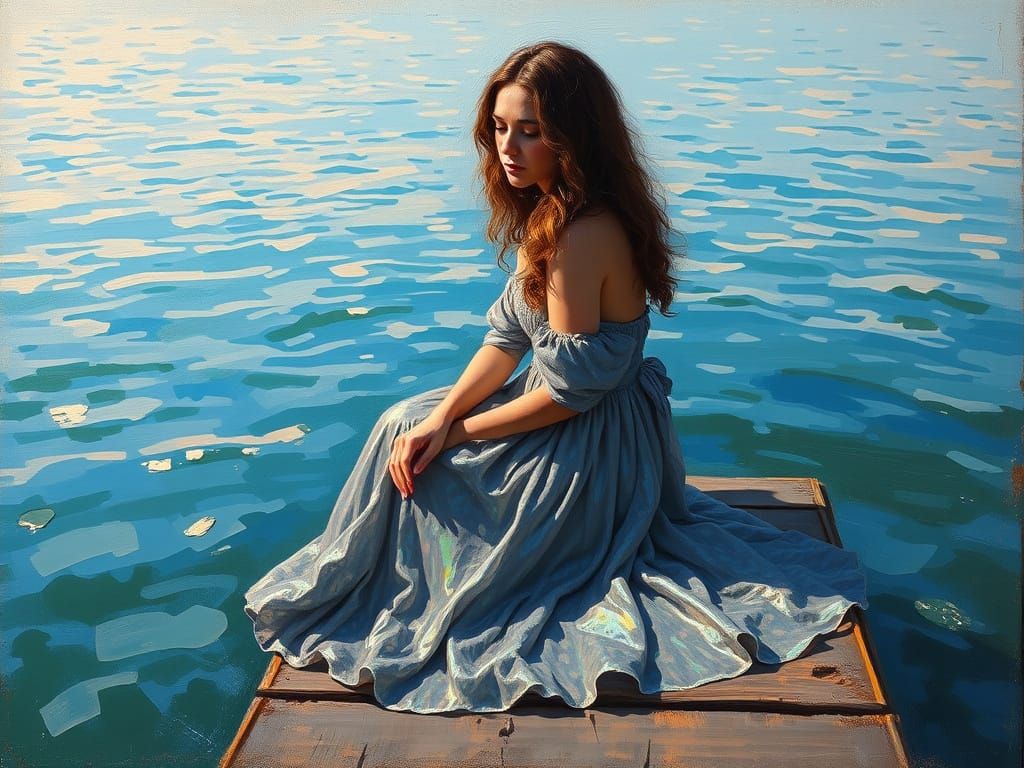 Ethereal Woman Contemplates by Serene Lake Waters in Impress...