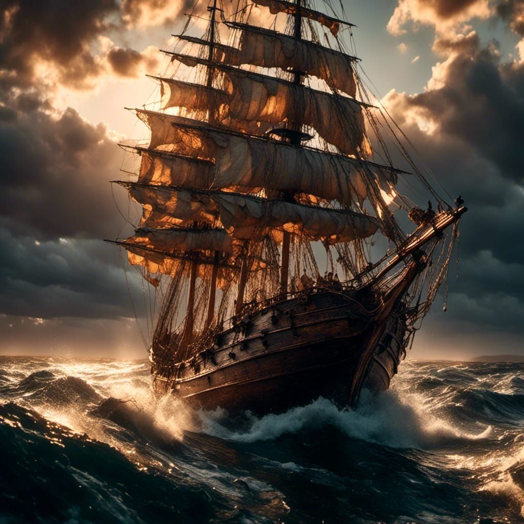Sailing Ship at Sunrise in Cinematic Style