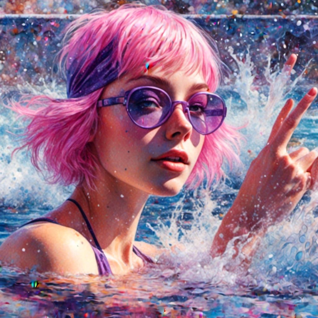 Pink Haired Swimmer: Mosaic Digital Art