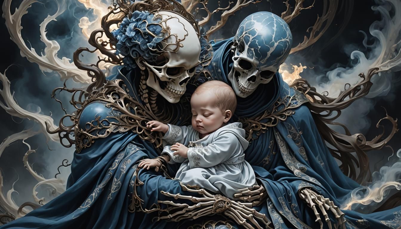 Skeletal Figure with Baby: Surreal Digital Art