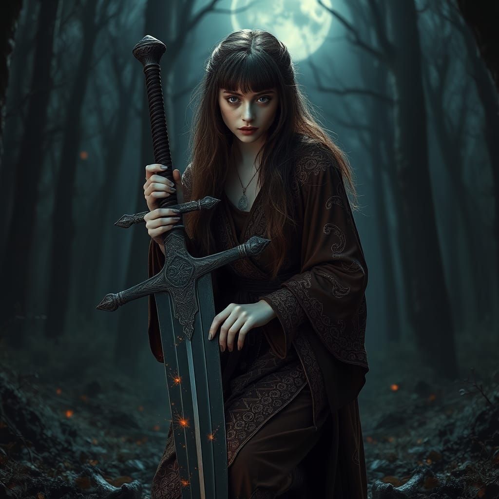 mythp0rt, hkevil, BREAK, A pale-skinned woman in an intricately designed robe stands on one knee. Her long, brown hair i...