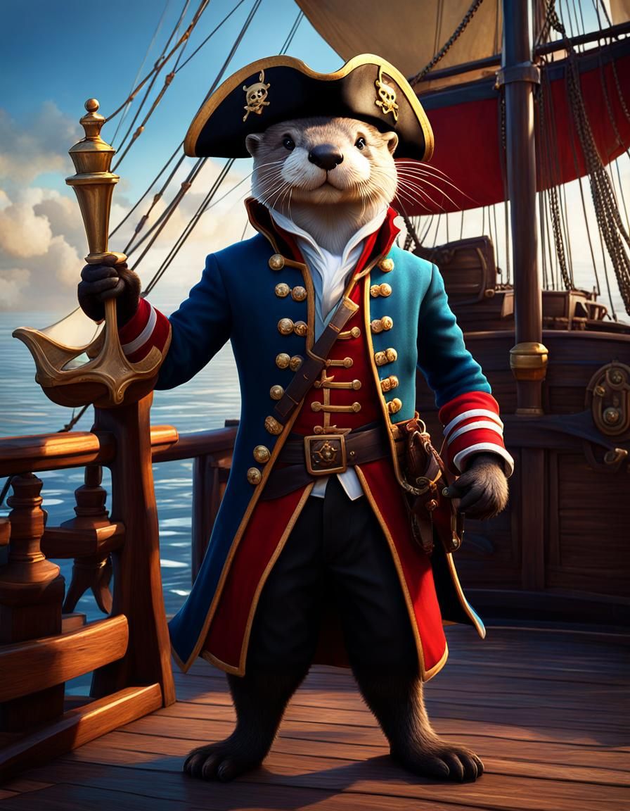 Anthropomorphic Otter Pirate Captain on Sailing Ship