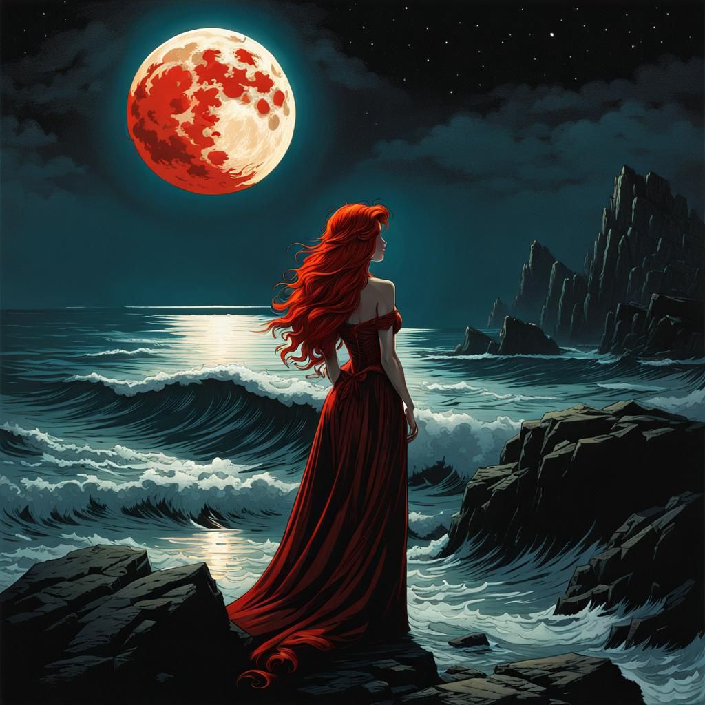 Red-Haired Woman on Beach Under Full Moon