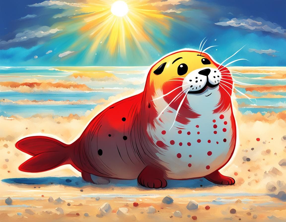 Cartoon Manga Seal Gazing at Sun on Beach