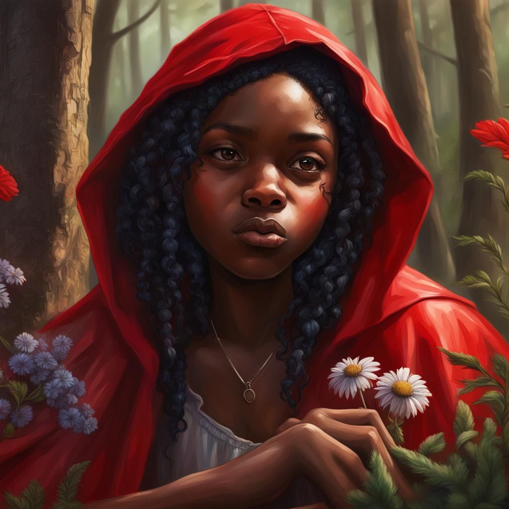 African Little Red Riding Hood Picking Flowers