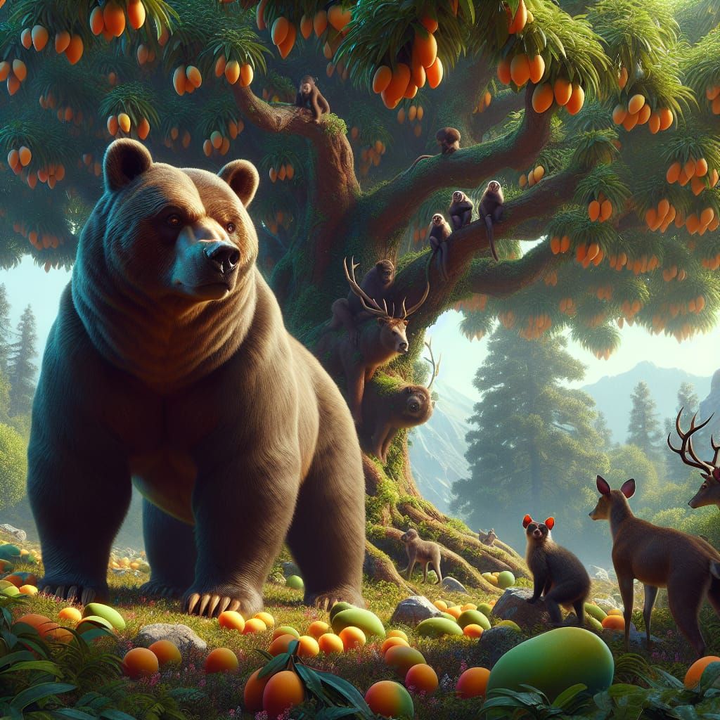 Bear Guarding Mango Tree with Monkeys and Deer