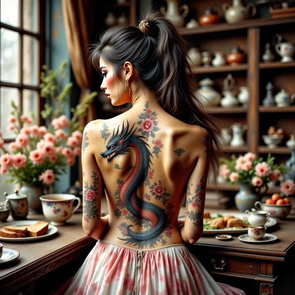 Dragon Tattoo Art in Antique Watercolor Style