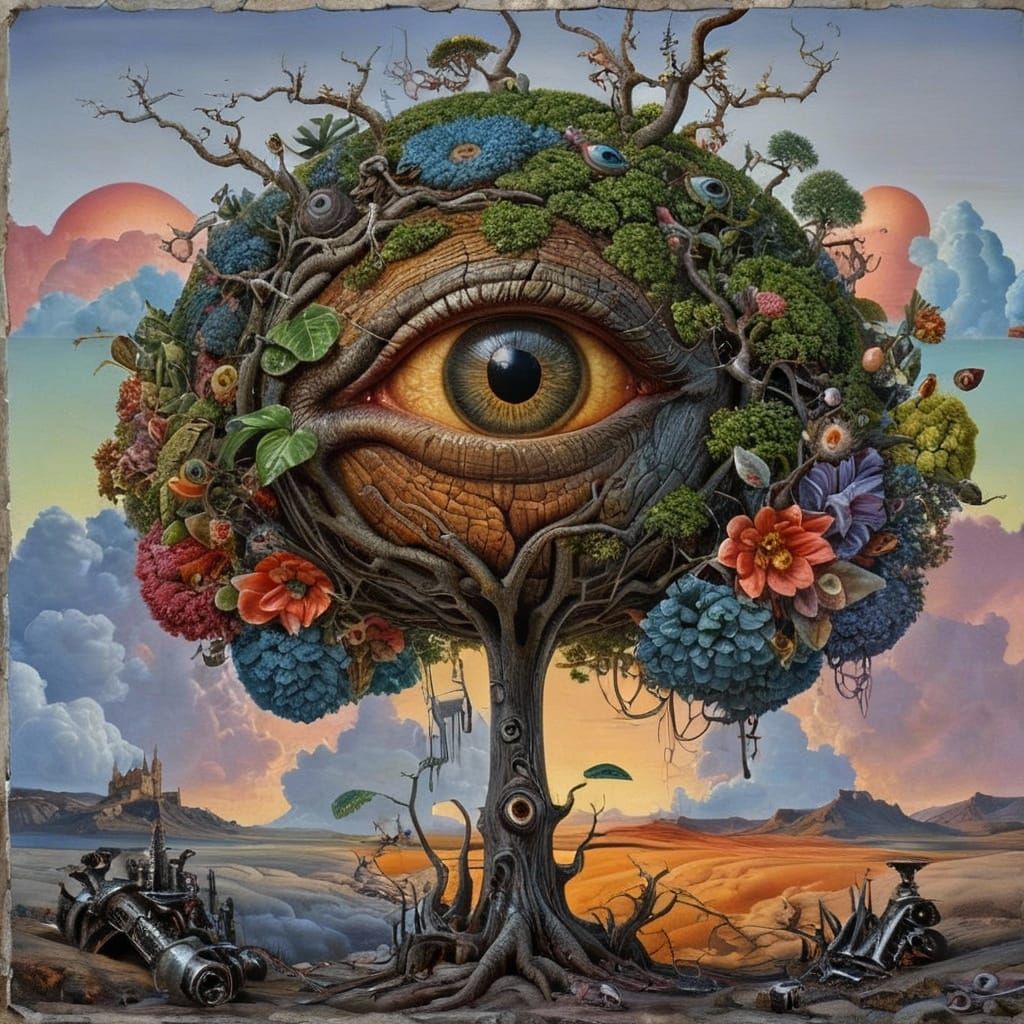 Surreal Eyeball Tree with Whimsical Gothic Plants