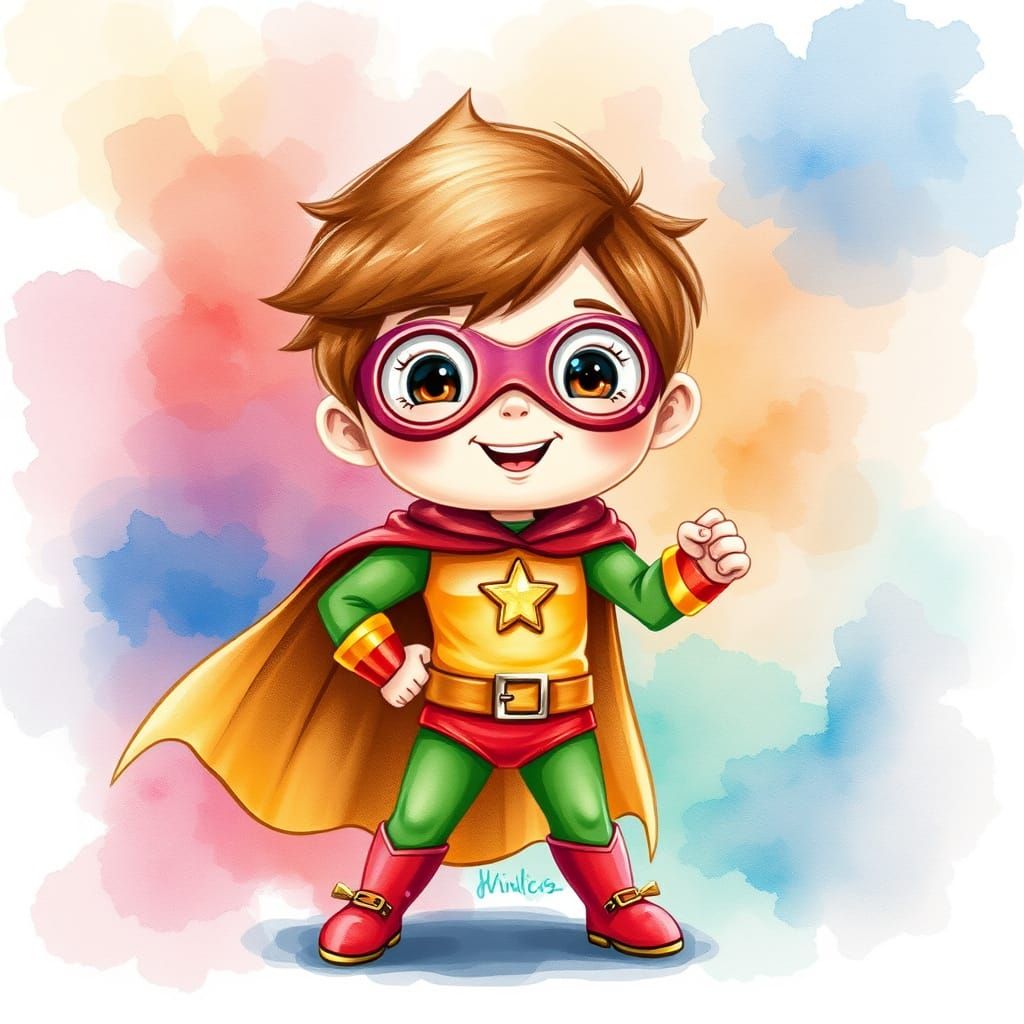 Whimsical Kidcore Superhero in Watercolor Style