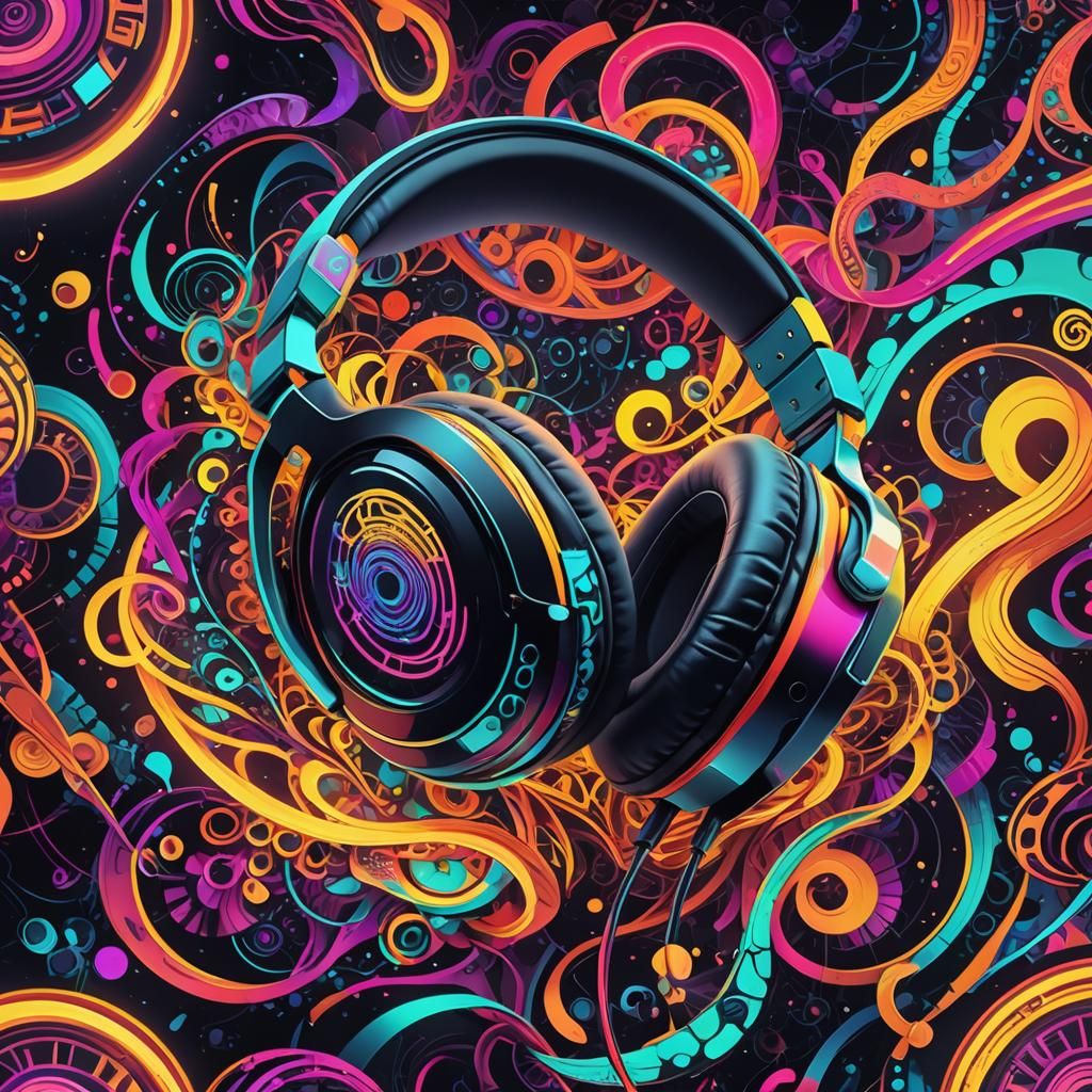 Futuristic Neon Headphones in Psychedelic Vector Art
