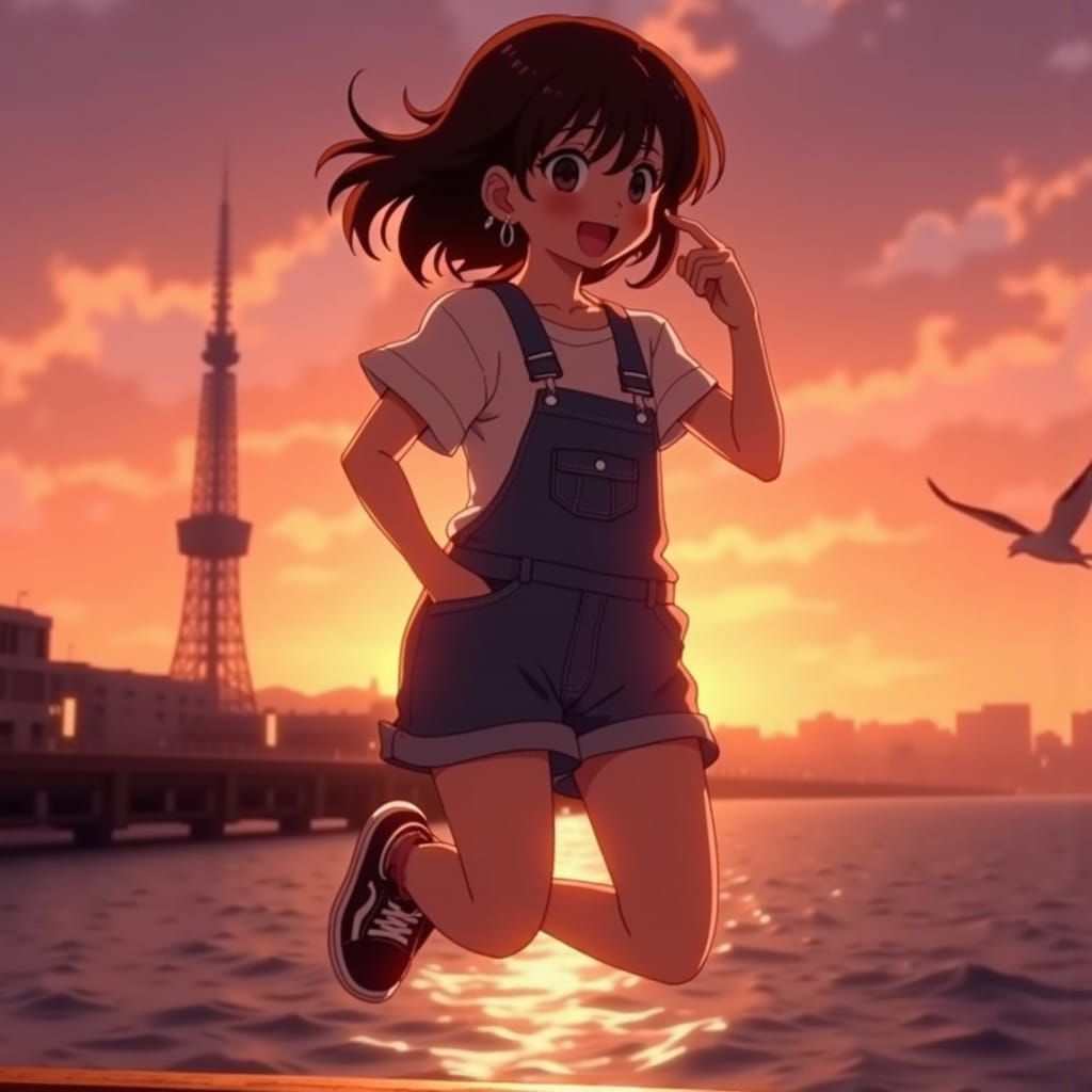 Surreal Anime-Inspired Girl Leaping at Sunset Pier in Kyoto ...
