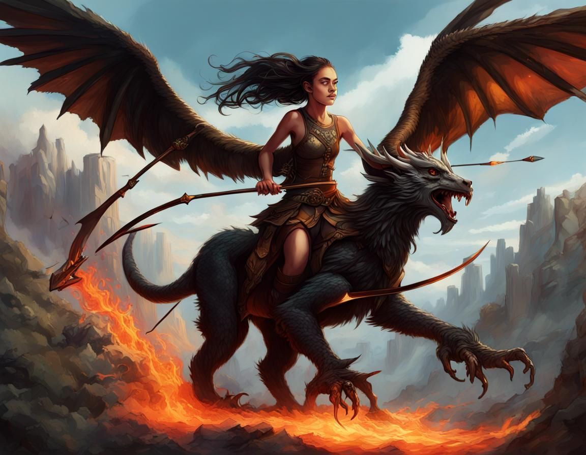 Girl Riding Griffin with Dragons in Fantasy Art