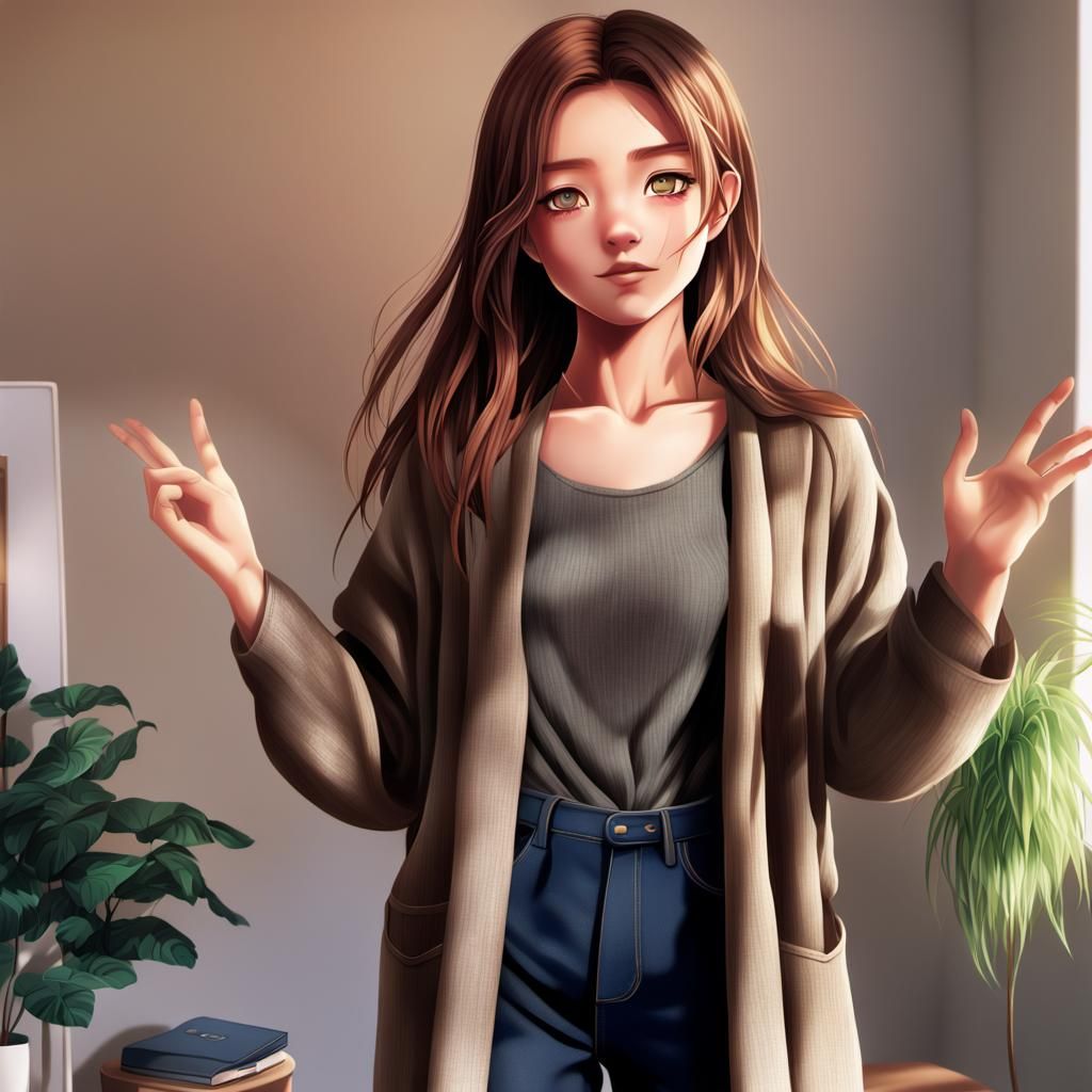 Anime Portrait of a Young Woman with Brown Hair