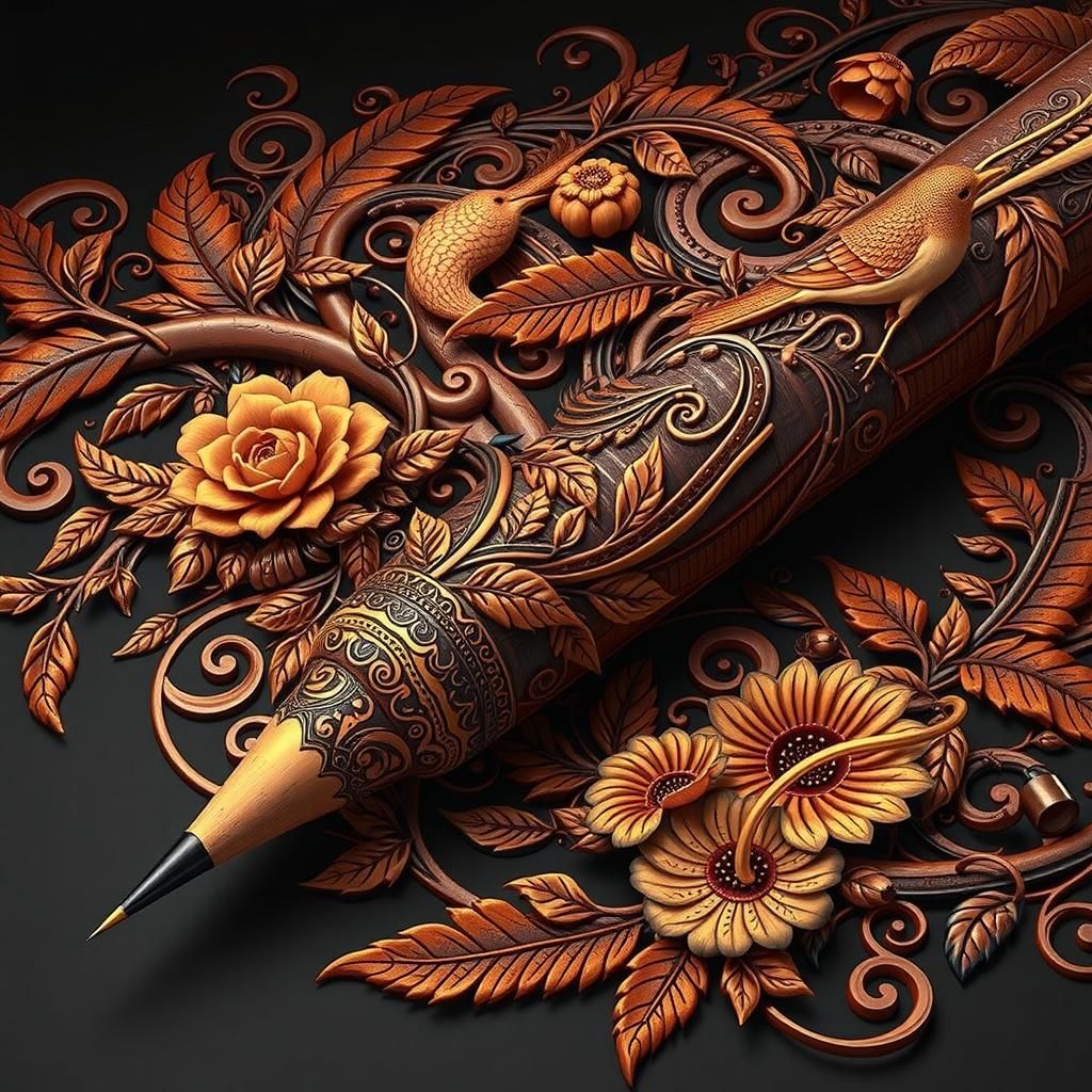 Intricately Carved Pencil with Birds and Flowers
