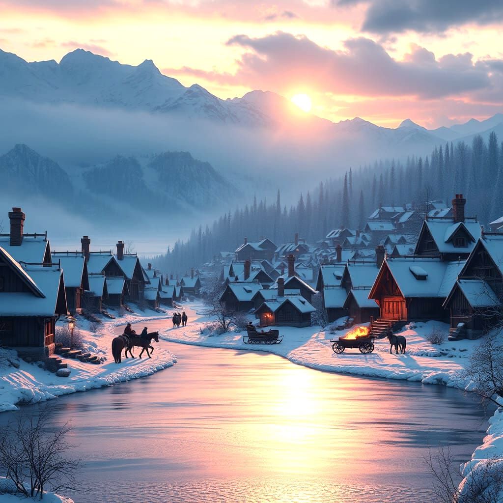 Enchanted Winter Village Amidst Snowy Mountains