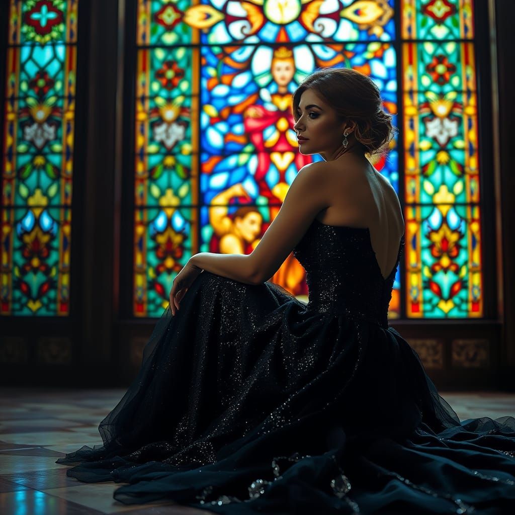 Woman in Luxurious Evening Gown Admires Vibrant Stained Glas...