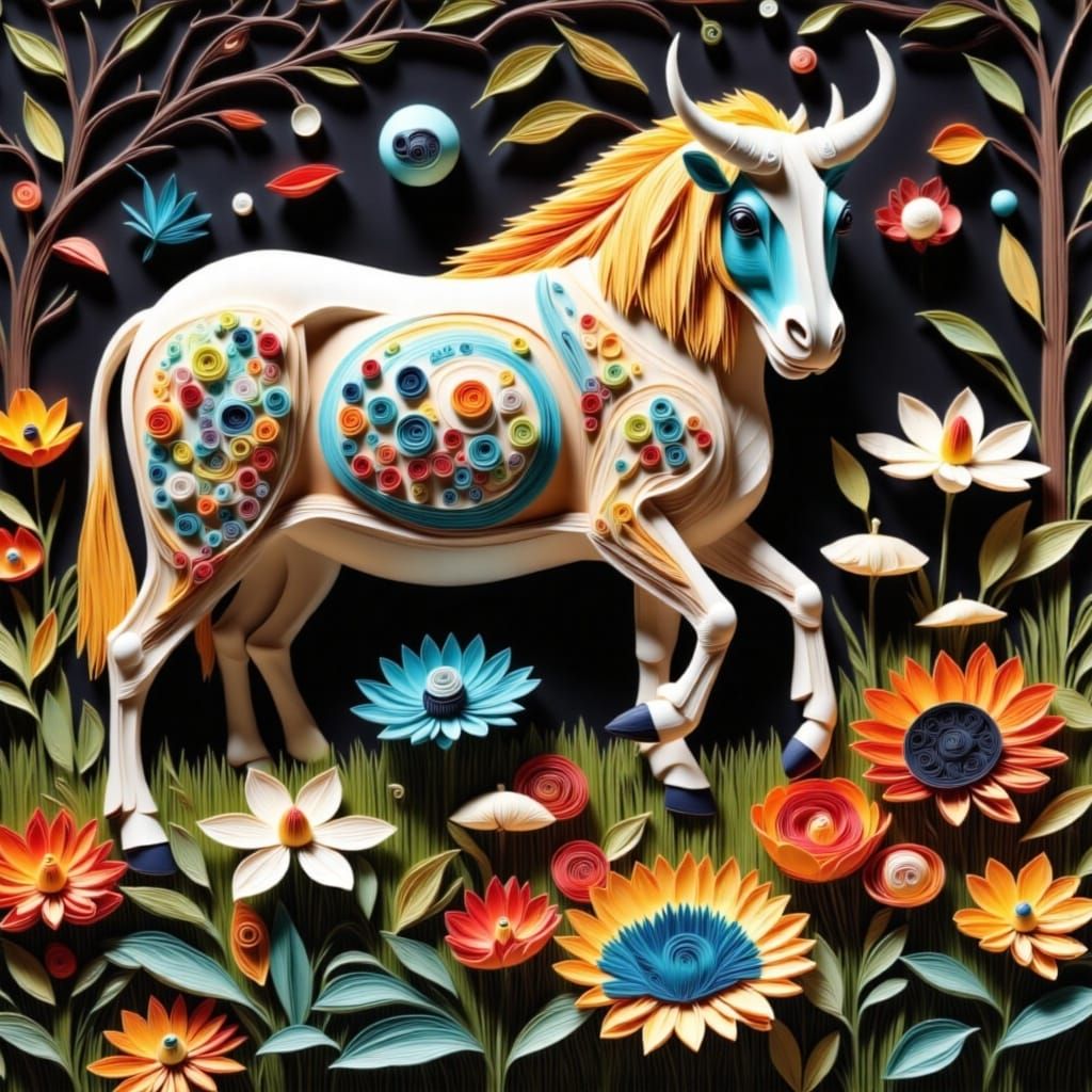 Minotaur Grazing in Field of Flowers