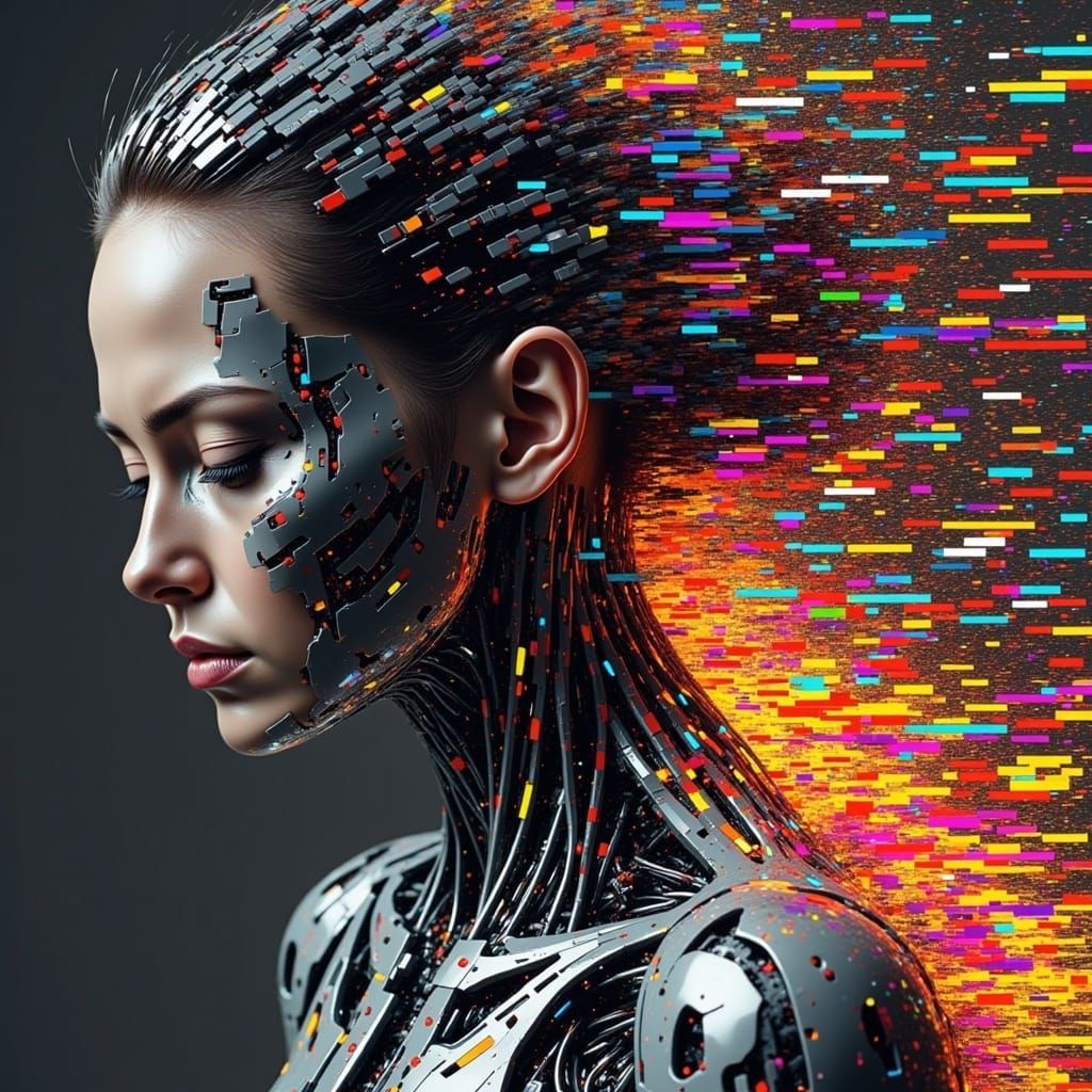 Female Cyborg Vaporizing in EMP Attack: Glitch Art