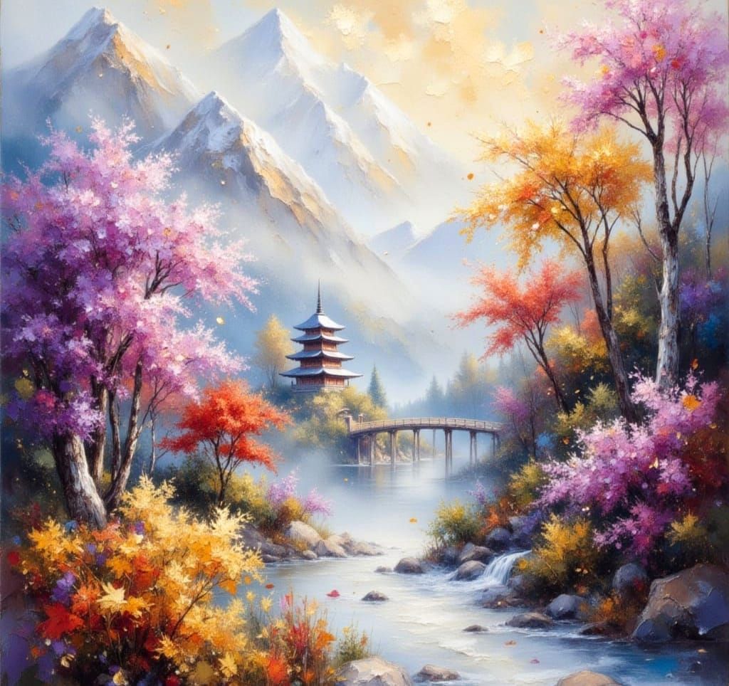 Misty Temple Summit in Dreamy Impasto Painting