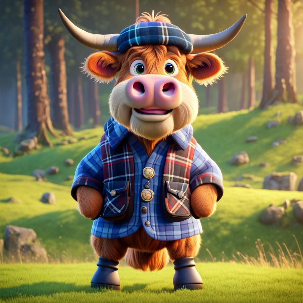 Highland Cow in Plaid Outfit, Pixar-Style 3D Art