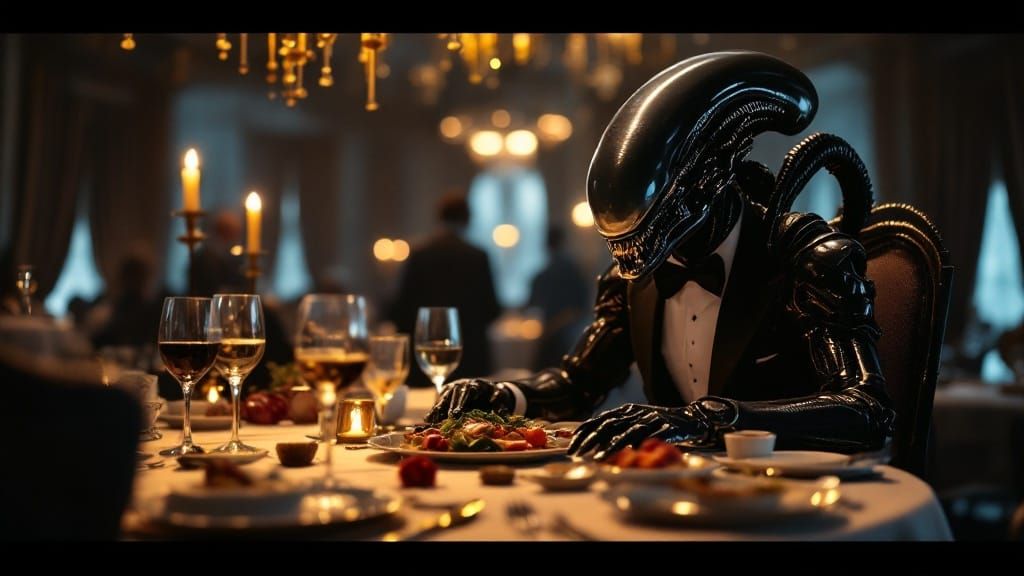 Alien in Black-Tie Attire Dines in Luxurious Ambiance