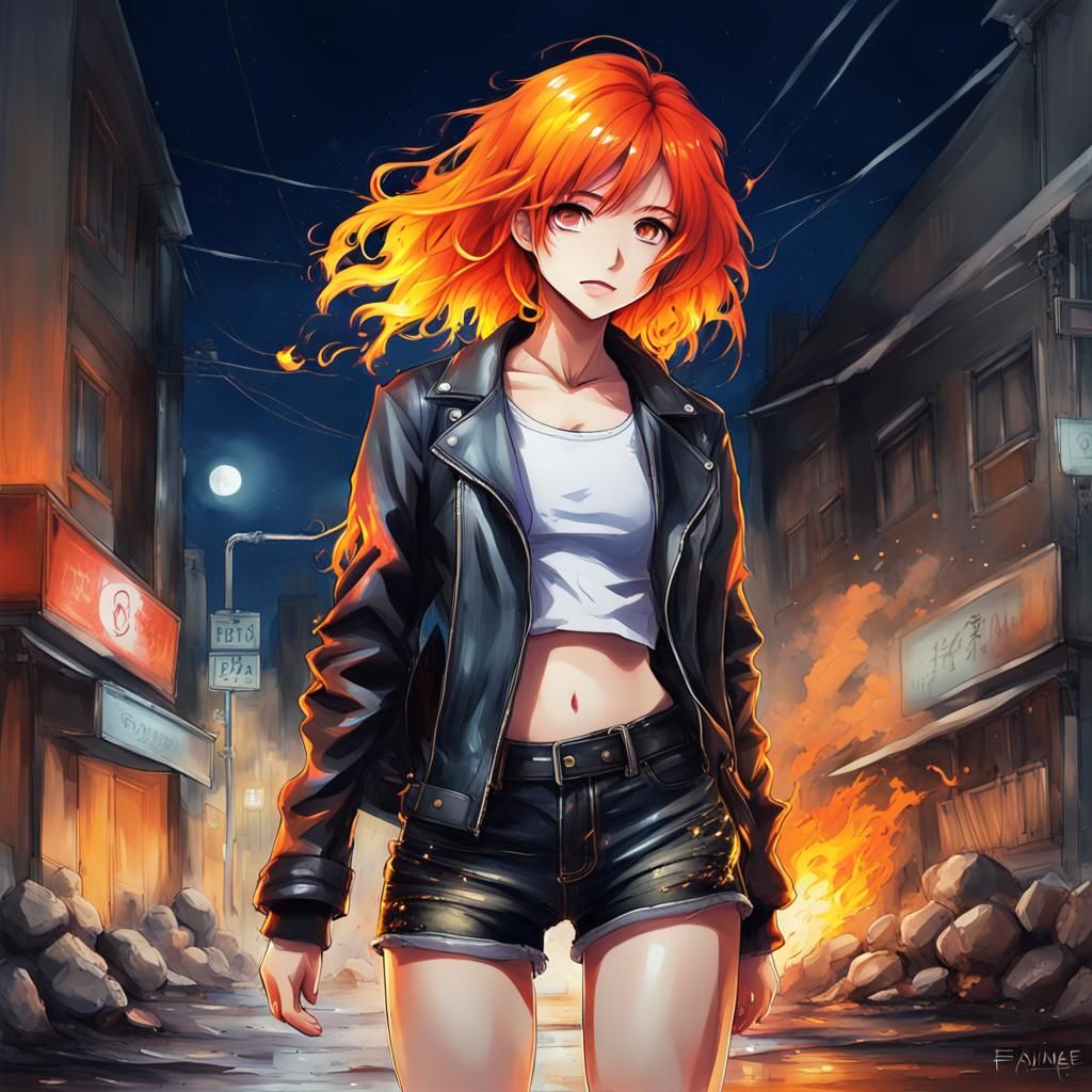 Fiery Haired Girl in Cyberpunk Anime Style
