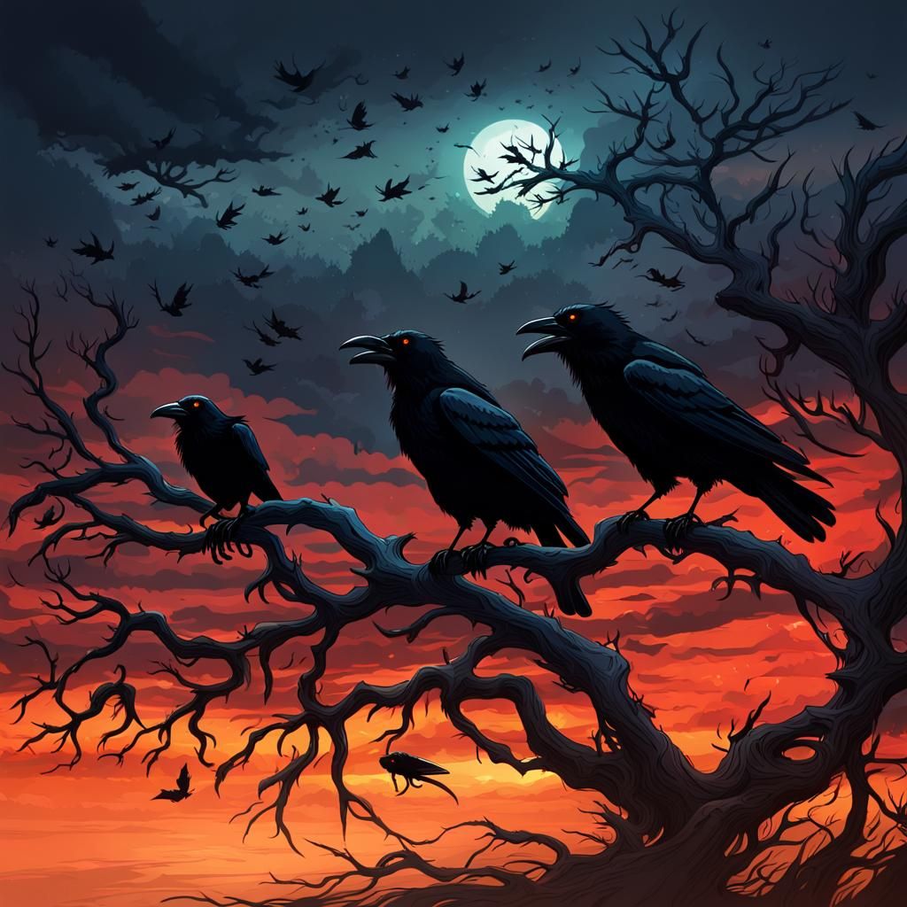 Ominous Crows at Sunset: A Dark Fantasy Illustration